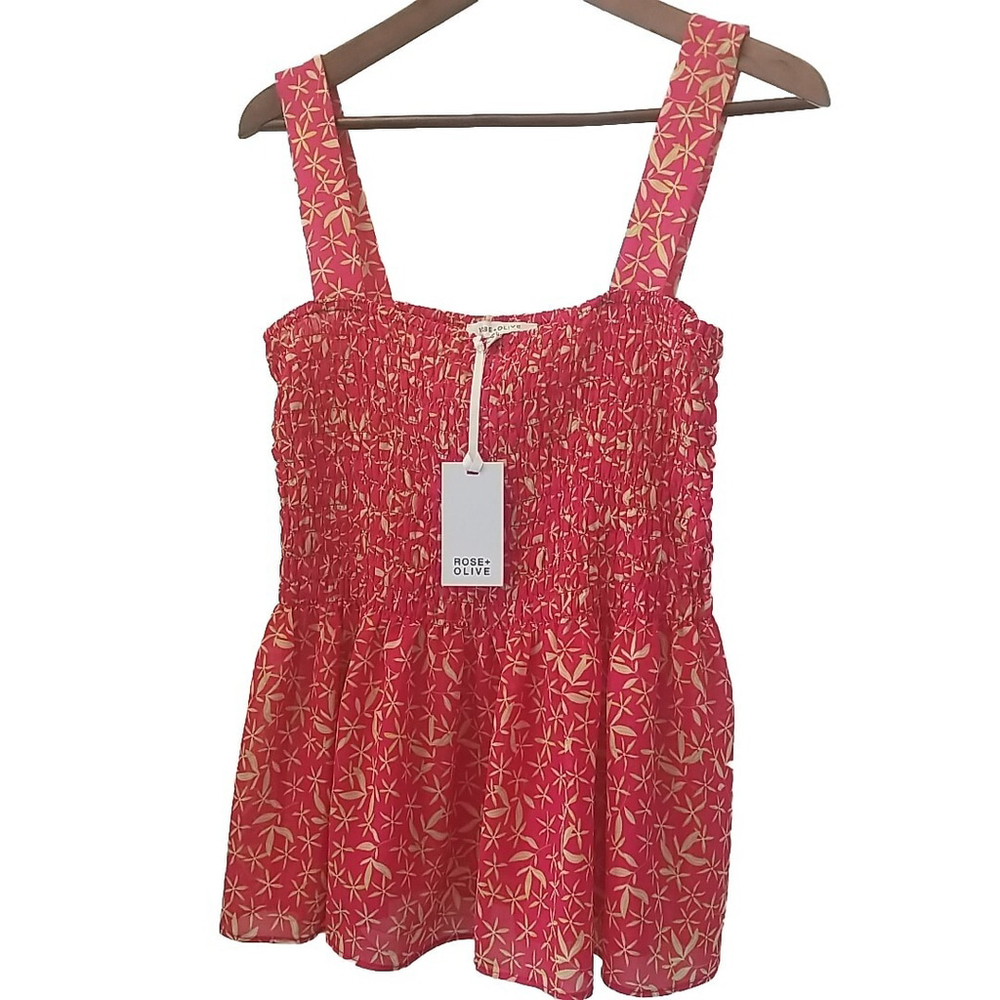 Rose & Olive Pink-Red Floral Smocked Tank